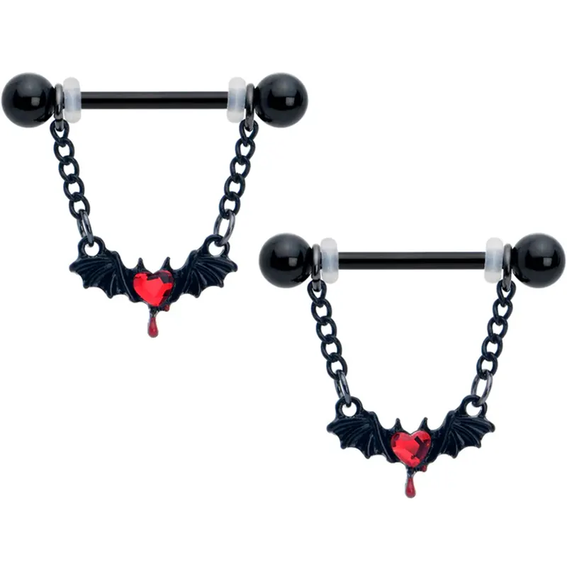 14G 9/16" Red Gem Black Bleeding Heart Bat Nipple Rings 1