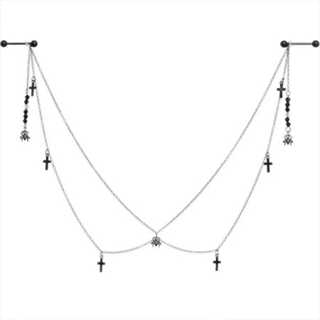 14G 9/16" Black Gem Spider Cross Nipple Chain