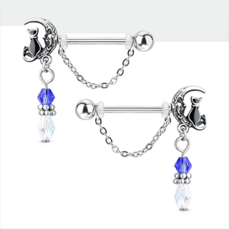 Cat on Moon Nipple Ring Set – Cute Dangle Piercing Jewelry