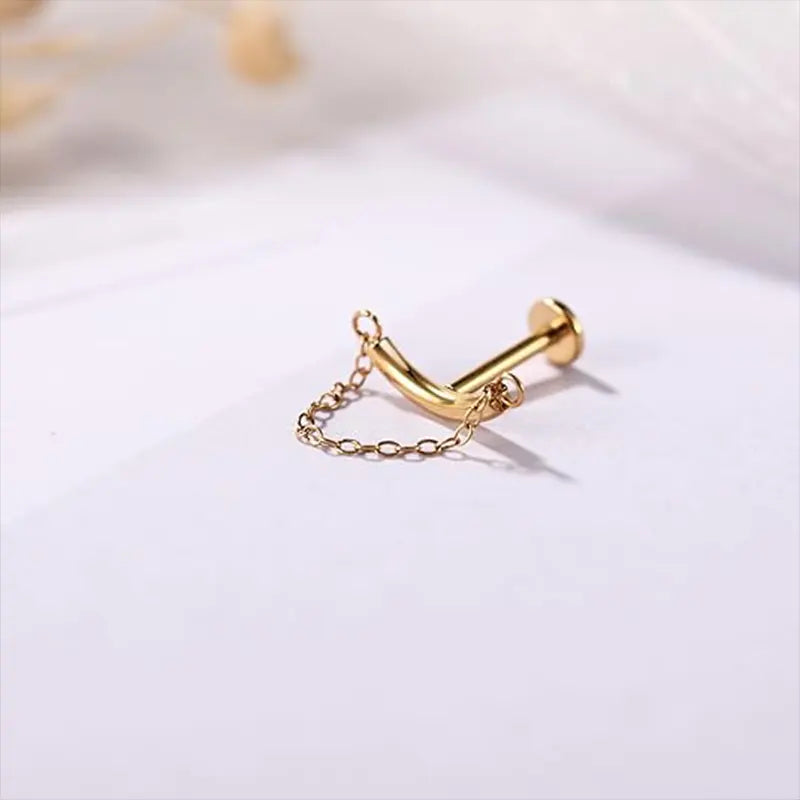 G23 Curved Ear Bone Studs with Chain 1.2*6 Gold
