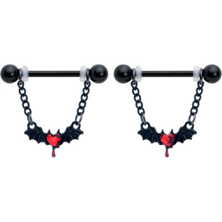14G 9/16" Red Gem Black Bleeding Heart Bat Nipple Rings 2