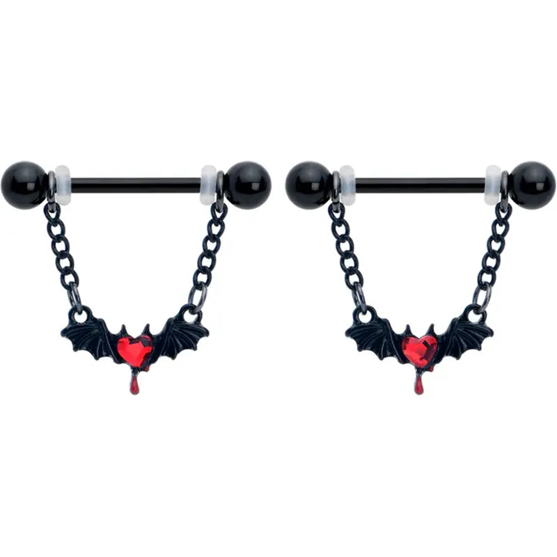 14G 9/16" Red Gem Black Bleeding Heart Bat Nipple Rings 2