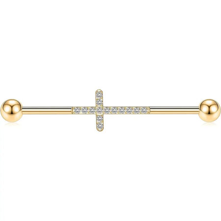 14G Surgical Steel 1/2" Gold Industrial Barbell with Cross CZ