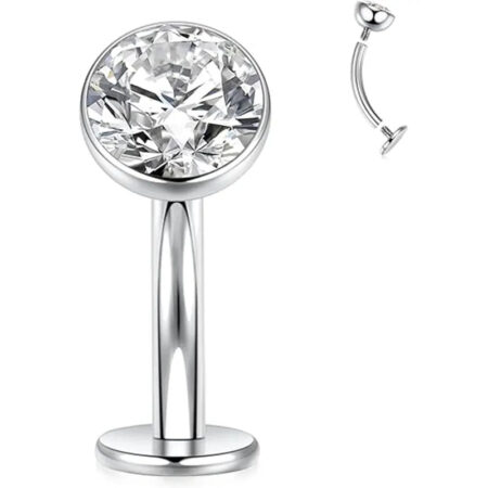 G23 Silver Round Flat Bottom Transparent Zircon Navel Nail Nail 1.6*10*5