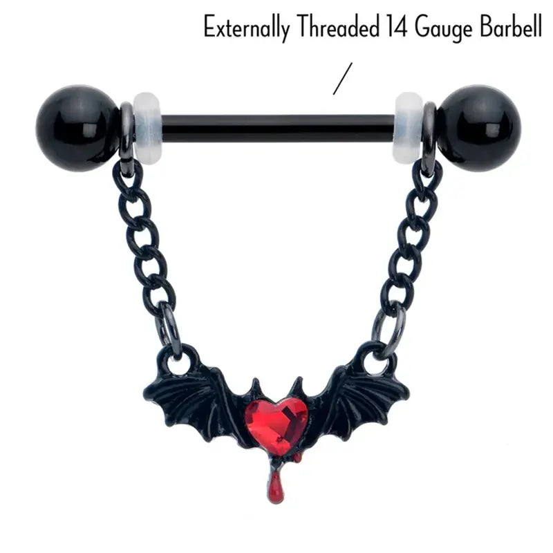 14G 9/16" Red Gem Black Bleeding Heart Bat Nipple Rings 3
