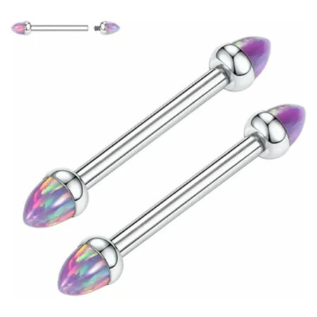 A pair of titanium nipple ring barbells with purple opal