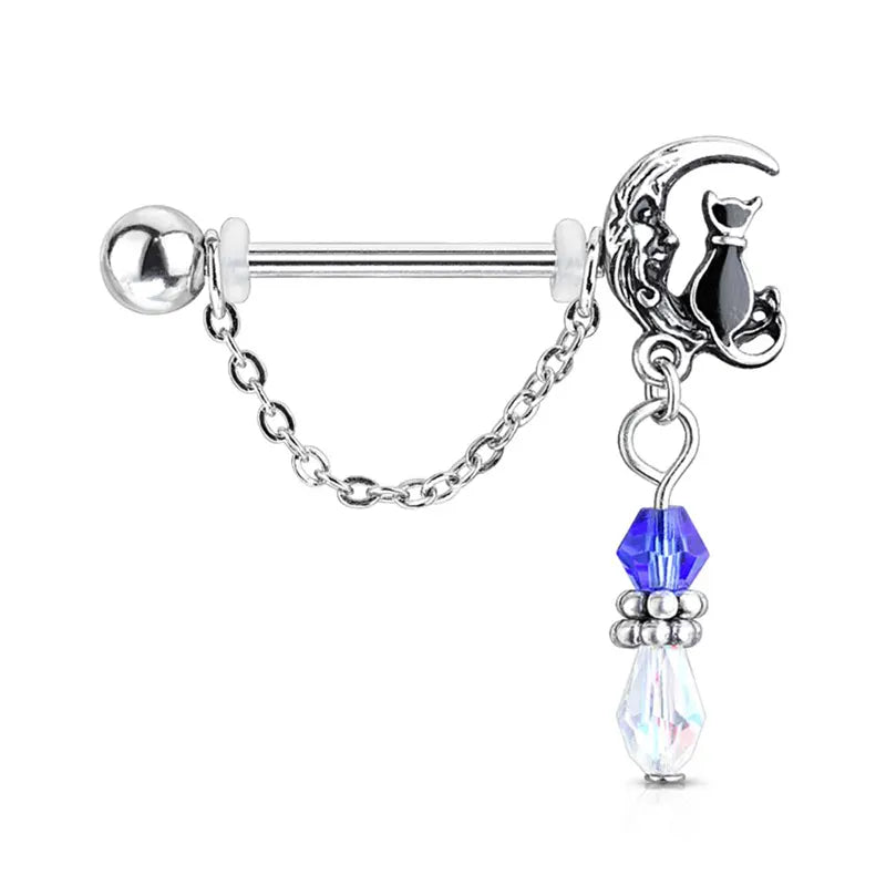 Cat on Moon Nipple Ring Set – Cute Dangle Piercing Jewelry