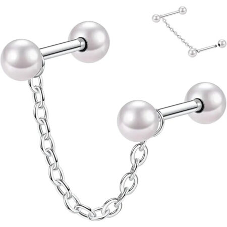 316L Cartilage Nail Single Chain Double Rod 1.2*6*4*4 Silver White Pearl