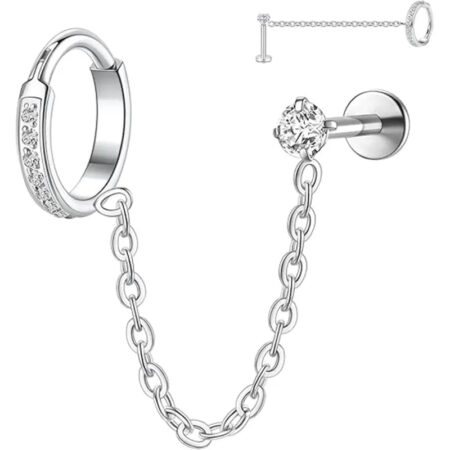 316L Chain Cartilage Nail 1.2*8*3 Silver White Zircon