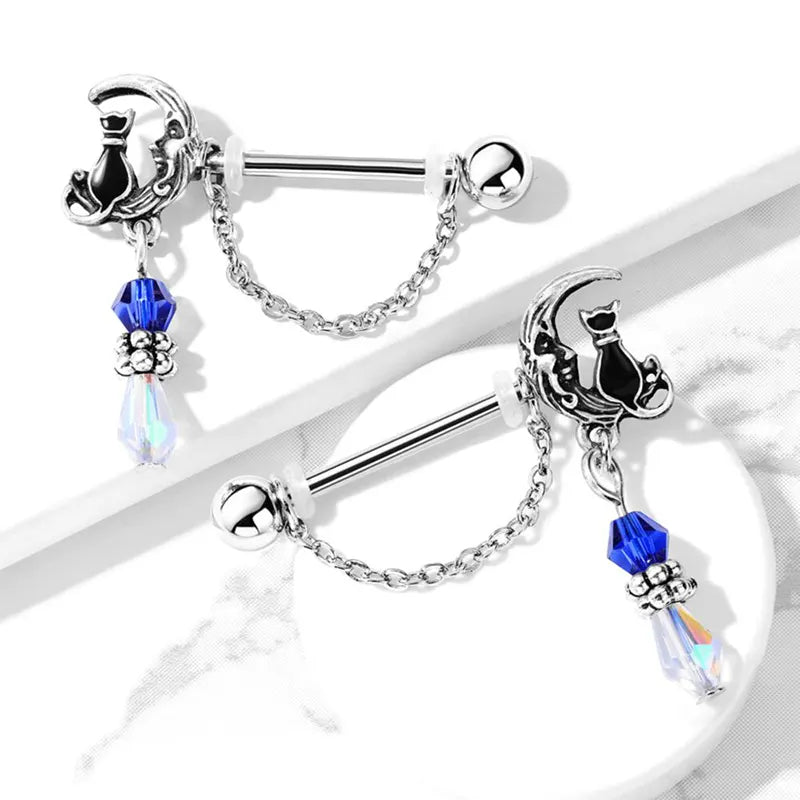 Cat on Moon Nipple Ring Set – Cute Dangle Piercing Jewelry
