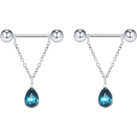 Dangle Nipple Rings with Blue Gemstone Pendant 1