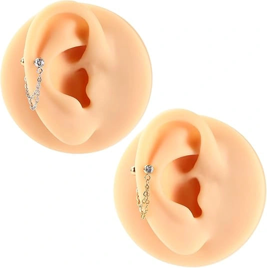 Gold Double Chain Cartilage Earring with CZ