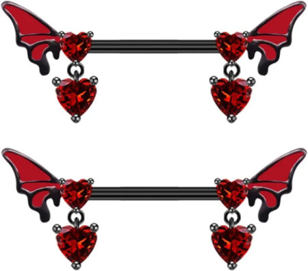 Red butterfly with gemstone pendant dangle nipple ring