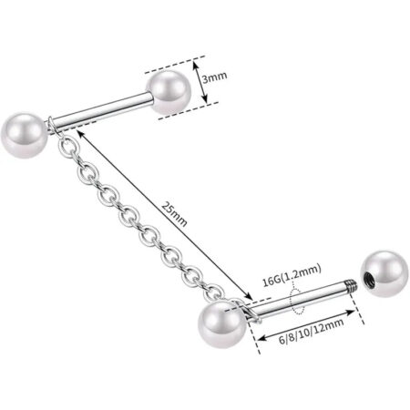 316L Cartilage Nail Single Chain Double Rod 1.2*6*4*4 Silver White Pearl