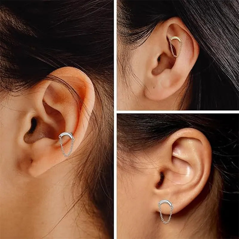 G23 Curved Ear Bone Studs with Chain 1.2*6 Gold