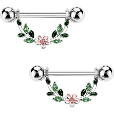 2 titanium nipple jewelry with floral embellishments