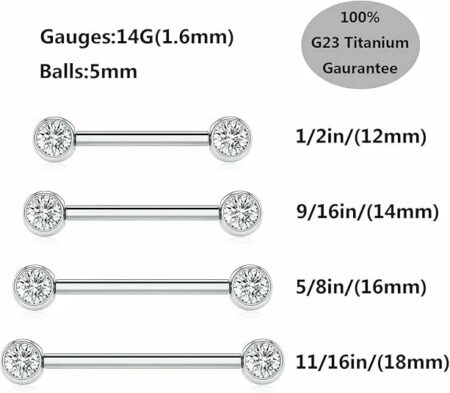 14G G23 Titanium CZ Ball Nipple Piercing Rings – Silver 1