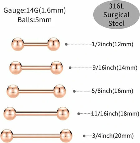 GAGABODY 14G Nipple Piercings 12mm Nipple Rings 14mm Nipple Jewelry 16mm Nipple Rings for Women 18mm Surgical Steel Screw Nipplerings Tongue Barbell Rose Gold 20mm Barbells Piercing Jewelry