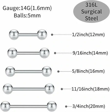 14G Nipple Rings 12mm Nipple Piercings Gold Nipple Barbells 16mm Nipple Jewelry 18mm Long Bar Nipple Ring 20mm Stainless Steel Tongue Barbell Silver 14mm Barbells Piercing Jewelry for Women men