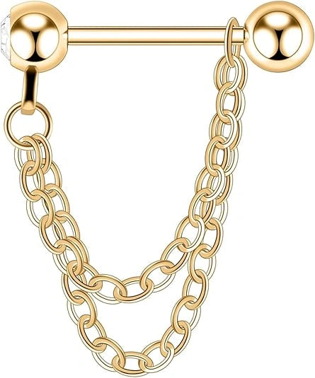 Gold Double Chain Cartilage Earring with CZ