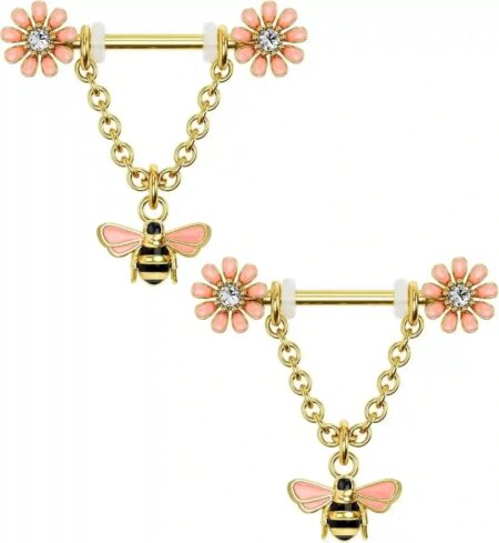 Dainty Flower Nipple Ring  Barbell with Bee Charm 