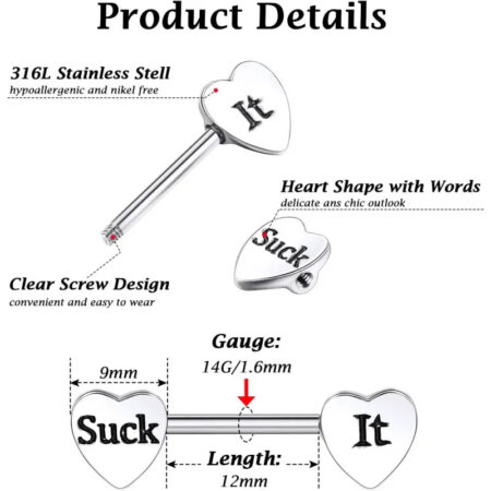 3 Pairs 14G Nipple Rings – Heart Barbell Piercing Jewelry
