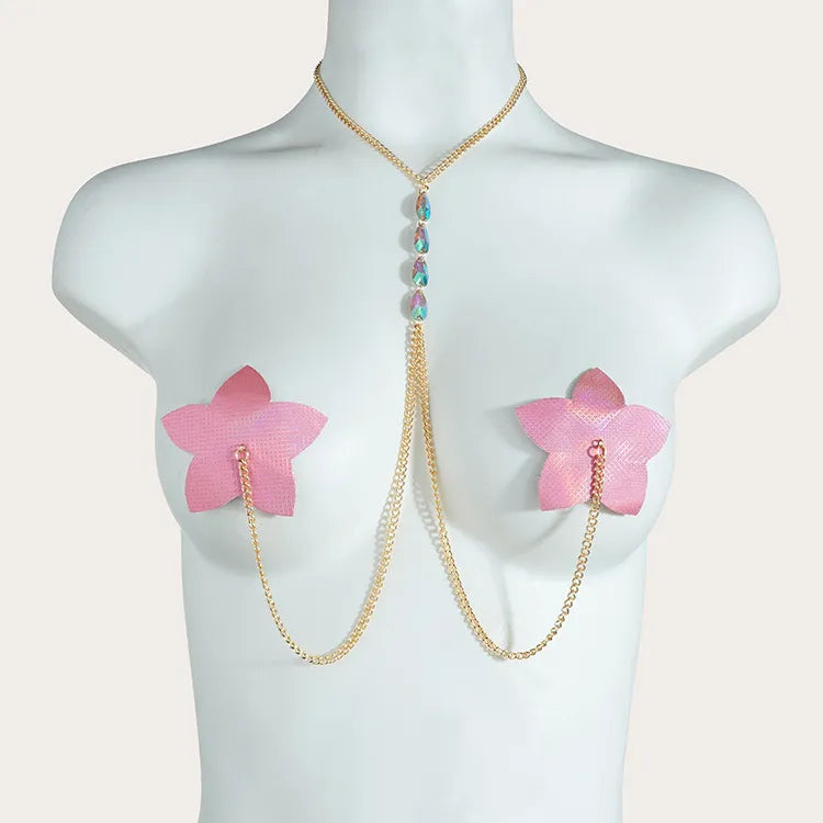 Unique Floral Leather Nipple Chain Breast Jewelry - Image 4