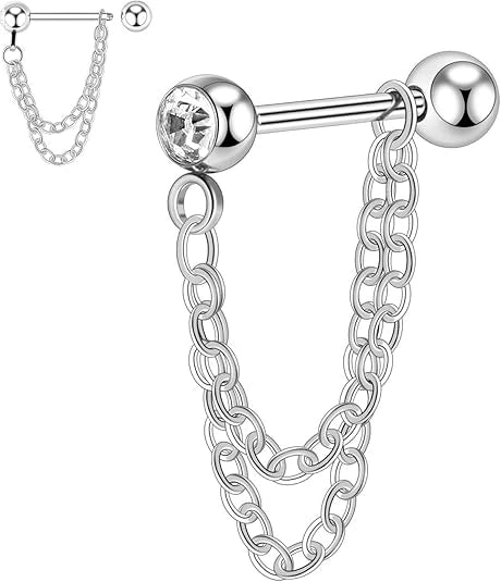 Gold Double Chain Cartilage Earring with CZ