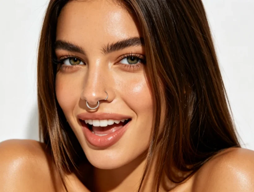 A woman confidently displays her Mantis piercing