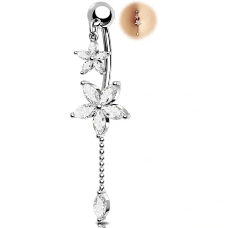 14G Lotus Belly Button Ring, Dangle Belly Ring Surgical Steel 316L