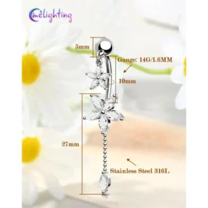 14G Lotus Belly Button Ring, Dangle Belly Ring Surgical Steel 316L