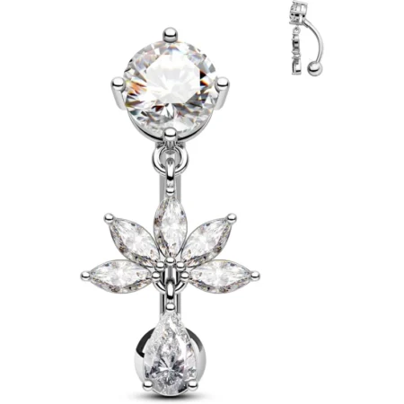 Flower Dangle Belly Button Ring, 14G Gold Reverse Belly Button Piercing