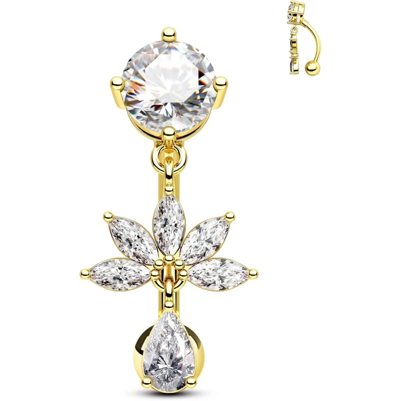 Flower Dangle Belly Button Ring, 14G Gold Reverse Belly Button Piercing