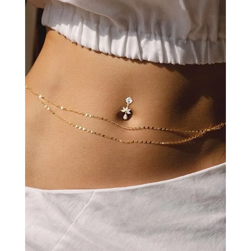 Flower Dangle Belly Button Ring, 14G Gold Reverse Belly Button Piercing