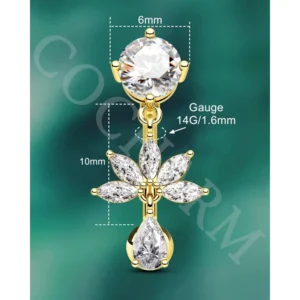 Flower Dangle Belly Button Ring, 14G Gold Reverse Belly Button Piercing