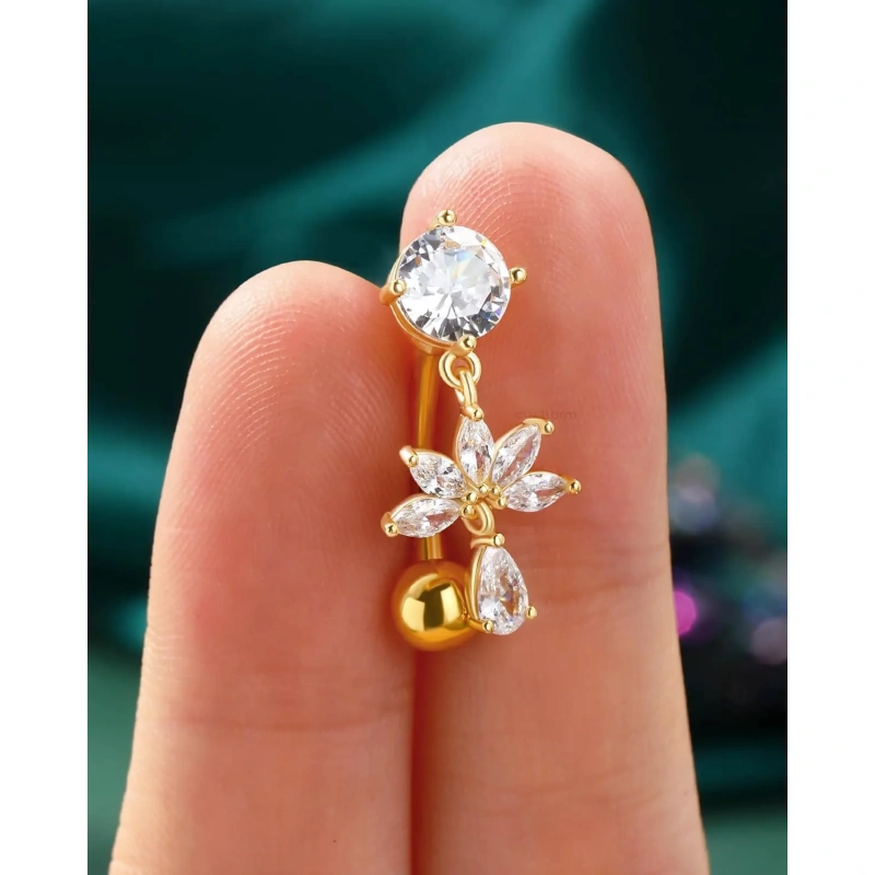 Flower Dangle Belly Button Ring, 14G Gold Reverse Belly Button Piercing