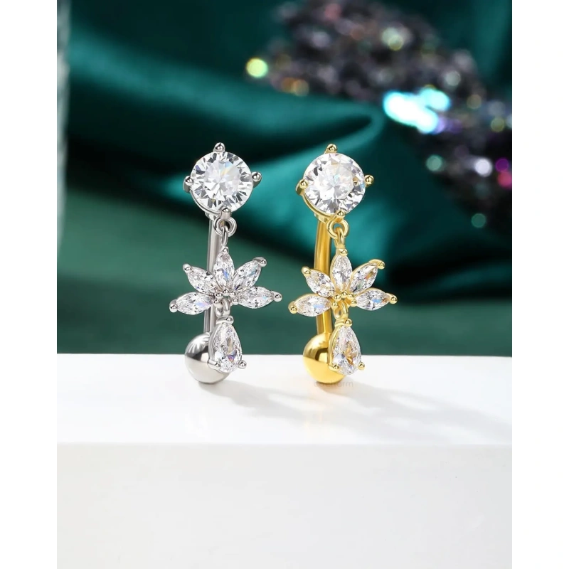 Flower Dangle Belly Button Ring, 14G Gold Reverse Belly Button Piercing
