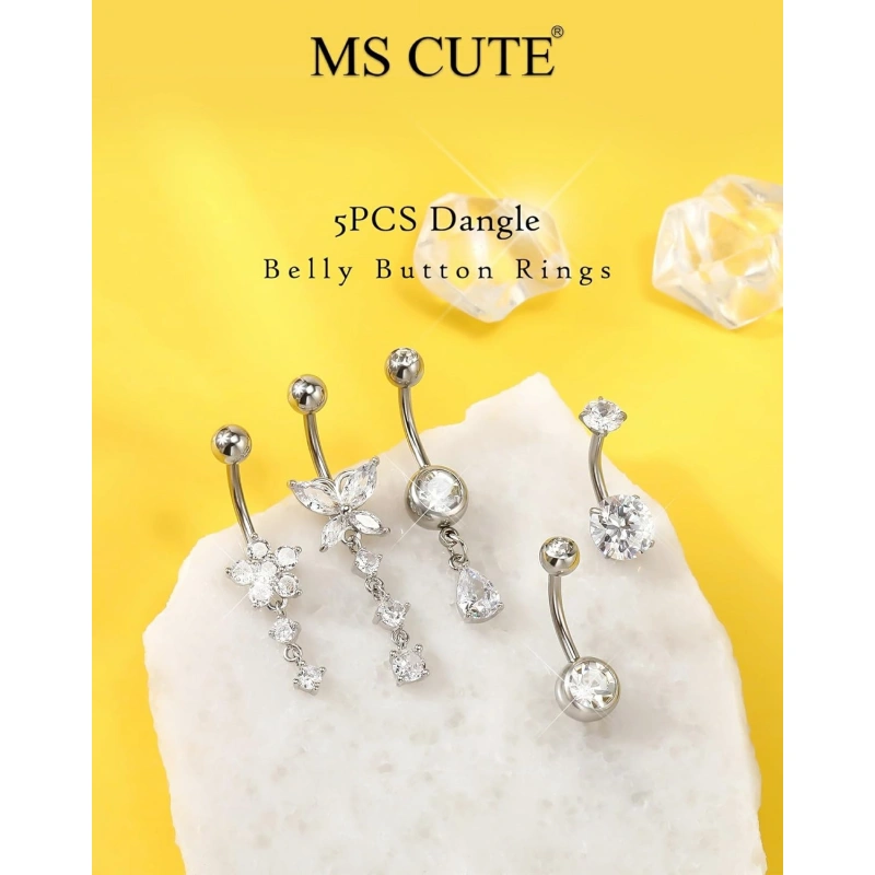 5PCS Belly Button Rings for Women 14G Dangle Navel Piercing Jewelry Set
