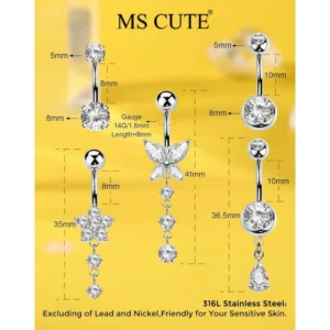 5PCS Belly Button Rings for Women 14G Dangle Navel Piercing Jewelry Set