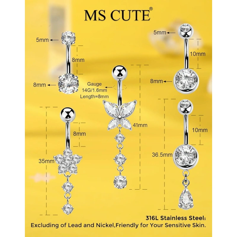 5PCS Belly Button Rings for Women 14G Dangle Navel Piercing Jewelry Set