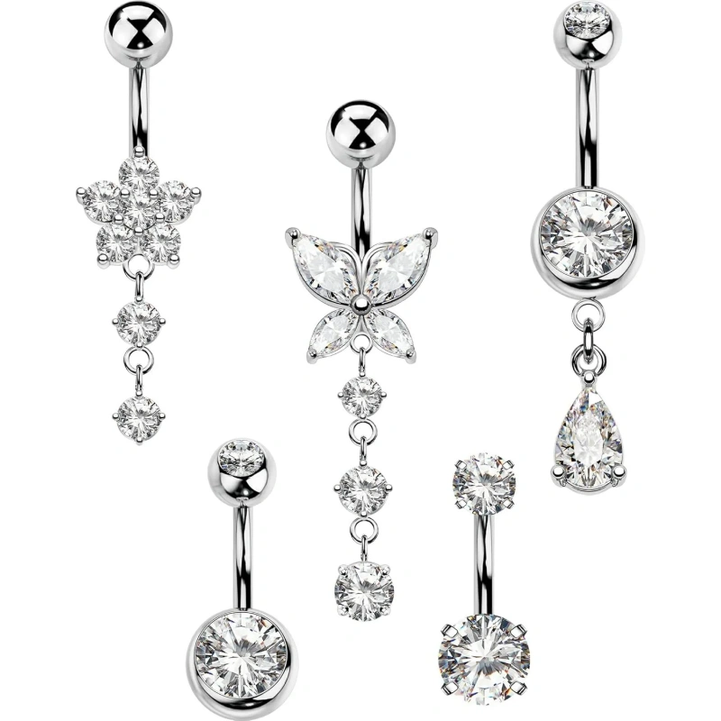 5PCS Belly Button Rings for Women 14G Dangle Navel Piercing Jewelry Set